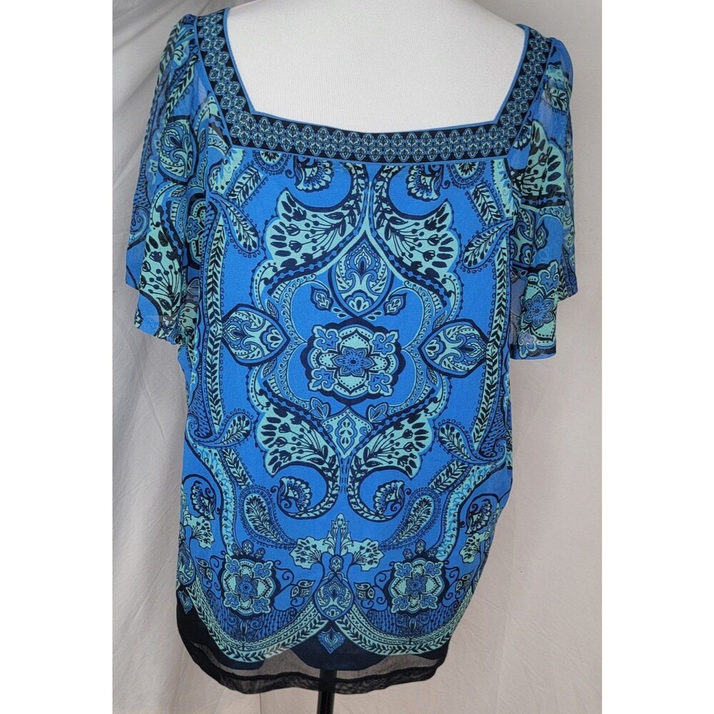 Apt 9 Womens Plus 2X Tunic Top Blue Black Geo Square Neck 1/2 Sleeve Sheer Panel